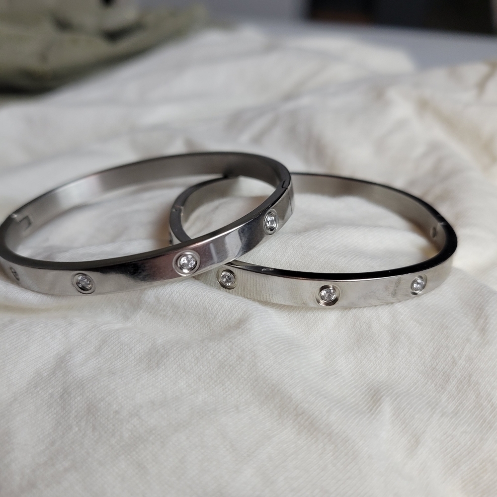 Bangle Silver Crystal Stack Hinge Bracelets Set of 2